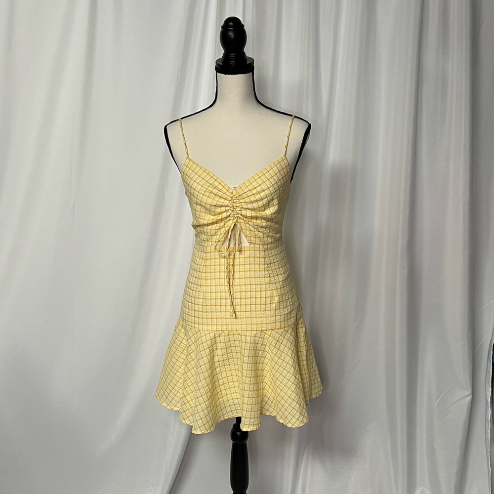 Lush Grid Print Sunny Yellow Mini Dress with Cutout Accent - size Small